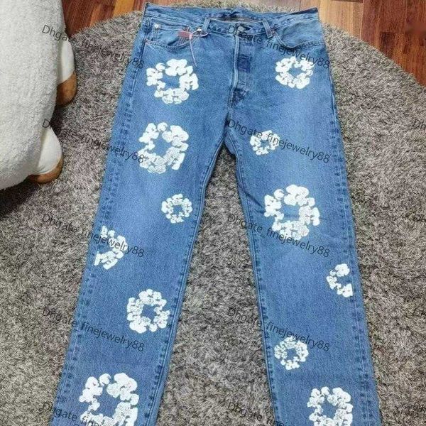 

men's jeans high street denim tears style kapok washed straight jeans men's fashion vintage loose pants yyh7, Blue