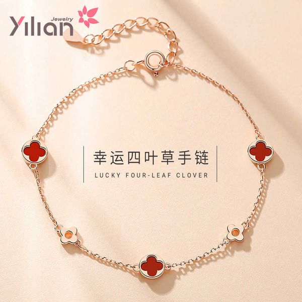 

elaine s925 clover sterling silver agate minority design korean bracelet high sense simple hand jewelry, Golden;silver