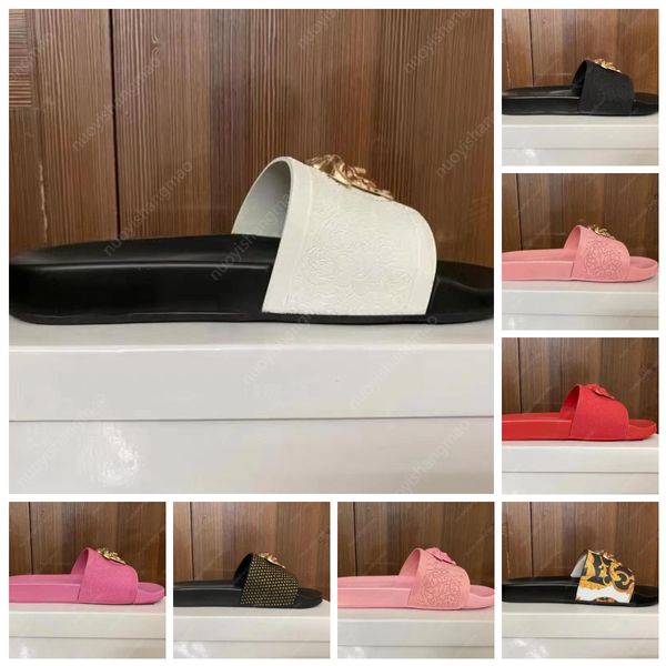 

designer women designer slides slipper mens slides designer sandals sandales platform slides metal printed beauty head flat one character ma, Black