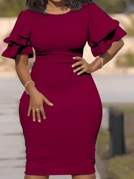 

plus size dresses plus size ruffle bell sleeve work bodycon dress 230720, Black