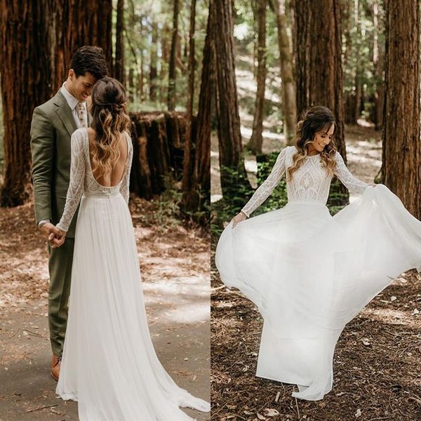 

new boho wedding dresses 2020 long sleeve backless chiffon lace bohemian summer country beach bridal gowns vestido de novia real i323e, White