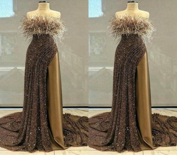 

2020 glitter prom dresses strapless sequined feather sleeveless long evening gown ruffle high side split custom made formal party 5222639, Black;red