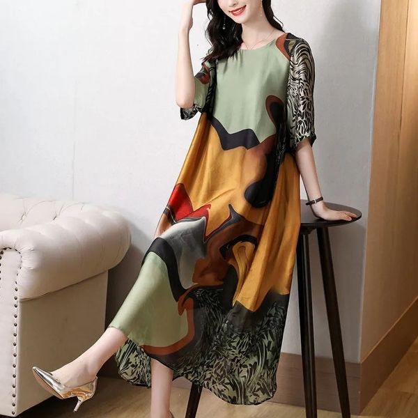 

basic casual dresses summer short-sleeved silk breathable printed women's dress large size loose long skirt beach skirt below the knee, Black;gray
