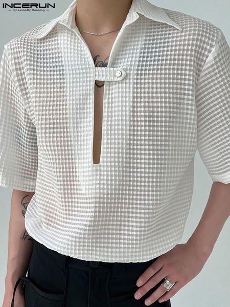 

men's casual shirts casual simple style incerun men textured slightly see-through blouse fashion solid chest slit short sleeve shirts, White;black