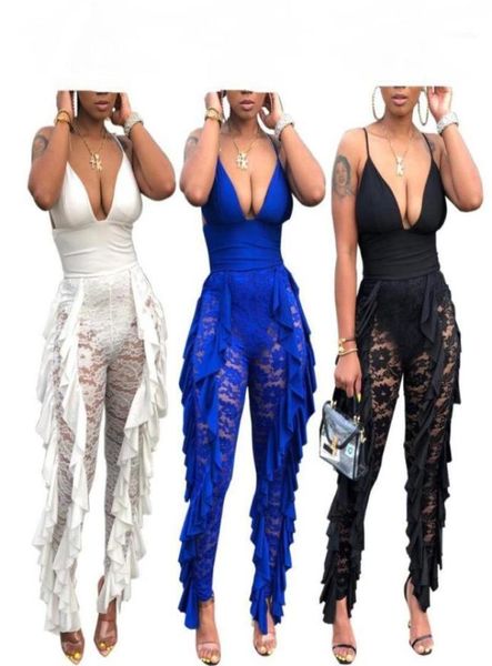 

women039s jumpsuits rompers lace ruffles white skinny jumpsuit women autumn vneck long jump suit romper female spaghett3374111, Black;white