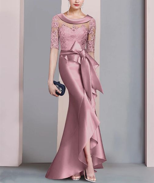 

elegant long dusty rose lace mother of the bride dresses mermaid satin mother of groom dress formal party gown pleats la madre del vestido d, Black;red