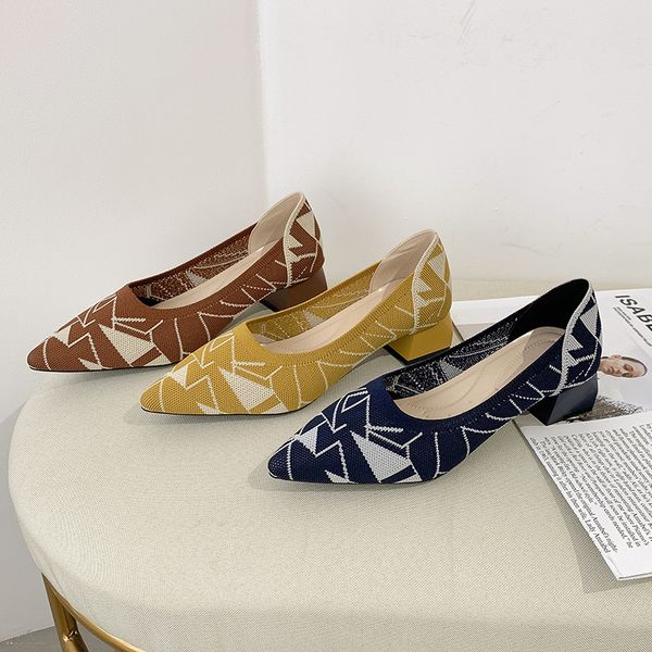 

single-shoe women's summer new fashion work shoes thick and shallow temperament women's shoes casual knitting pointed high heels w, Black