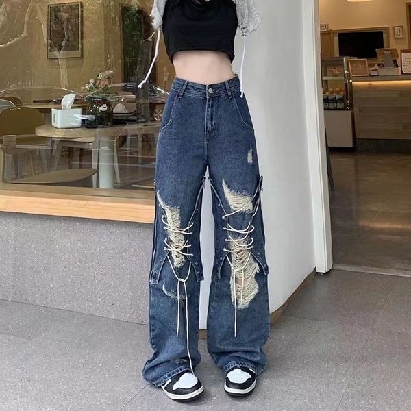 

women s jeans y2k streetwear straight pants ladies ripped baggy high waist loose wide leg street denim trouser 230720, Blue