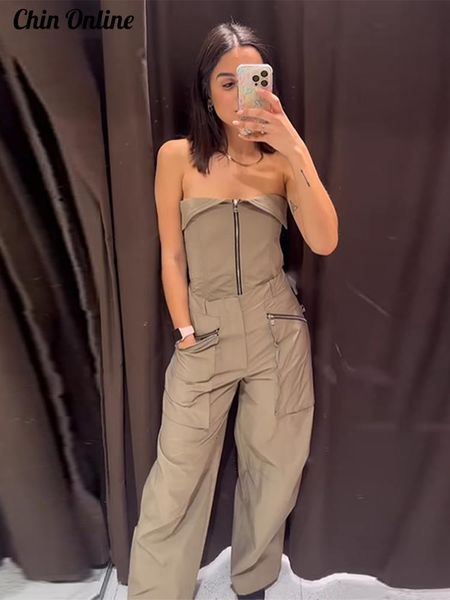 

womens two piece pants fashion cargo pants set women pocket high street tube female 2 piece suit zipper sleeveless corset tank vest trousers, White