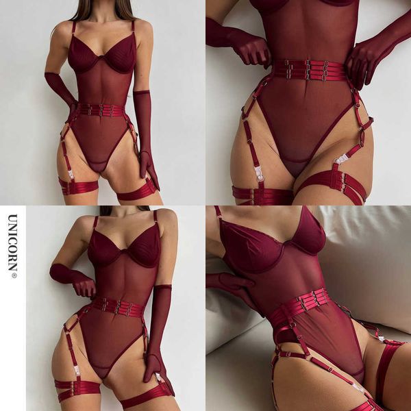 

nxy tight fitting lace bodysuit see through jumpsuits burgundy gloves garter night club outfit sissy crotchless sheer 230717, Red;black