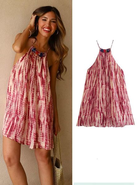 

basic casual dresses traf 2023 summer ladies print dress est halter collar a line sleeveless mini stone decoration 230720, Black;gray