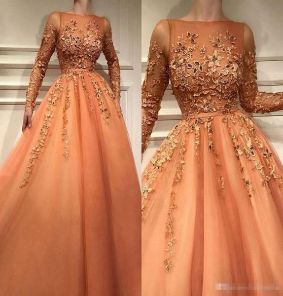 

popular orange long sleeve evening dresses arabic sheer bateau neckline appliqued sequins long formal pageant gowns prom dress3563790, Black;red