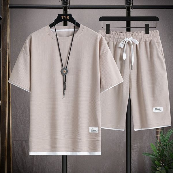 

men's tracksuits 2023 summer fashion harajuku versatile art and trend flax split shorts short sleeve tshirt casual sports sets 230720, Gray