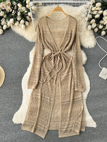 

women's knits tees singreiny bohemian casual summer cardigan dress women long sleeve hollow out thin fashion vacation midi long knitted, White