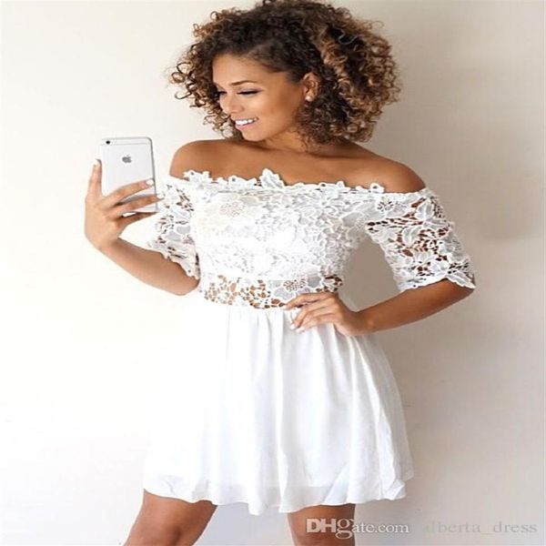 

little white lace chiffon homecoming dresses short sleeves a line cocktail party dress310a, Blue;pink
