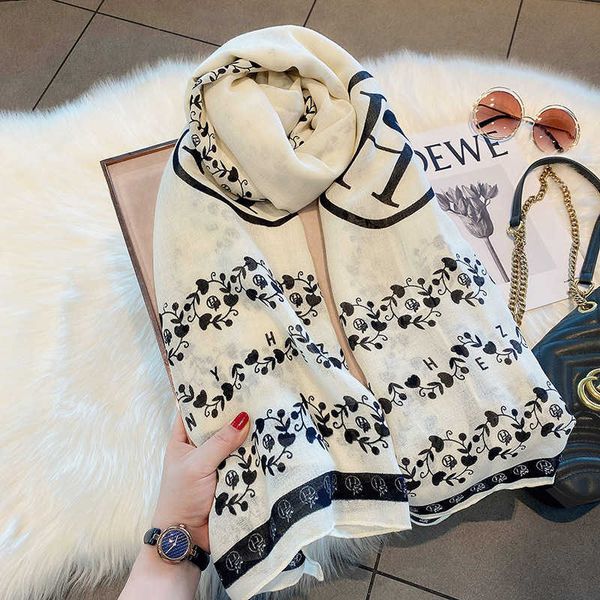 

simplified letter spring autumn shawl for women 2022 new dual use winter warmth wrapped with cotton and linen scarf thin, Blue;gray