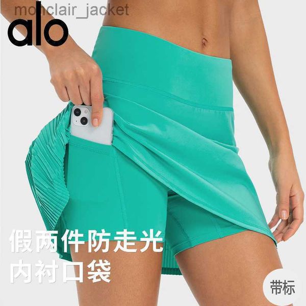 

desginer alo yoga bra tennis skirt women's quick dried sports badminton short skirt anti skirt high waist golf half pleated skirt, Black