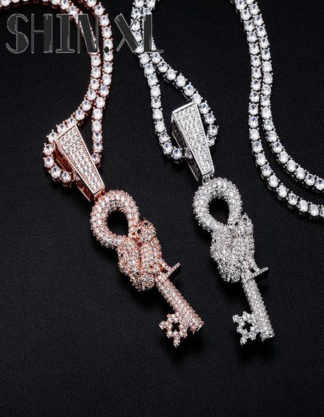 

animal owl key necklace pendant iced out zircon mens bling necklace gold silver rose gold plated hip hop jewelry7046142
