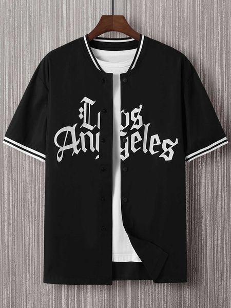 

men's fashion sporsity men 1pc letter graphic tape baseball collar shirt, White;black