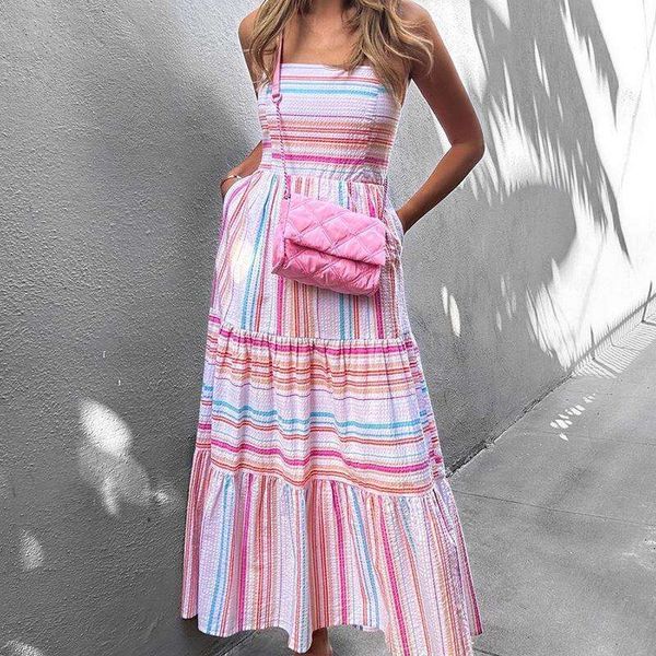 

item title summer womens fashionable temperament mid length striped strap dress, Black;gray
