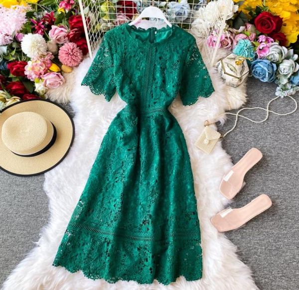 

elegant lace women dress korean style 2022 summer new midi dresses robe chic sweet shortsleeved vestido fashion4452073, White;black