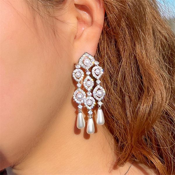 

charm tassel s925 streling silver needle designer earring for woman imitation pearl aaa cubic zirconia south american copper womens diamond, Golden