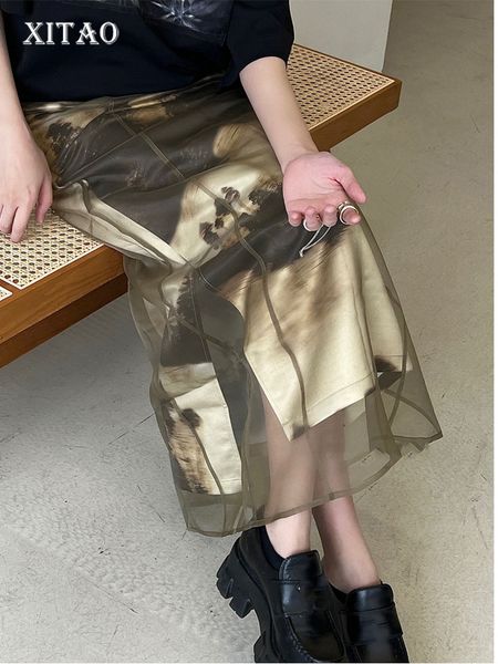 

skirts xitao mesh skirt print pattern small fresh casual style pleated goddess fan summer elegant elastic waist wld7545 230720, Black