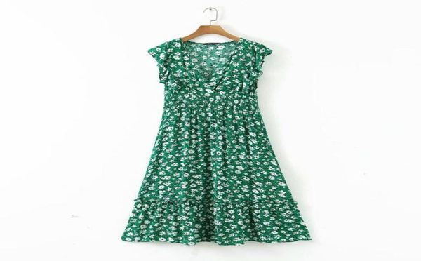 

women v neck flower print ruffles green midi dress elegant shrink fold design vestidos chic brand party dresses1143031, Black;gray