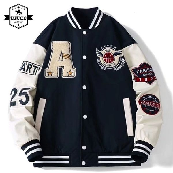 

men's jackets mens spring fall varsity jackets embroidery korean fashion loose baseball uniform couple blue retro leather sleeve bomber, Black;brown