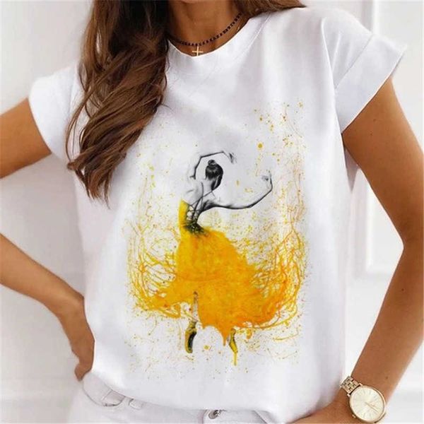 

summer new short sleeve t-shirt girls' watercolor print short sleeve t-shirt, White