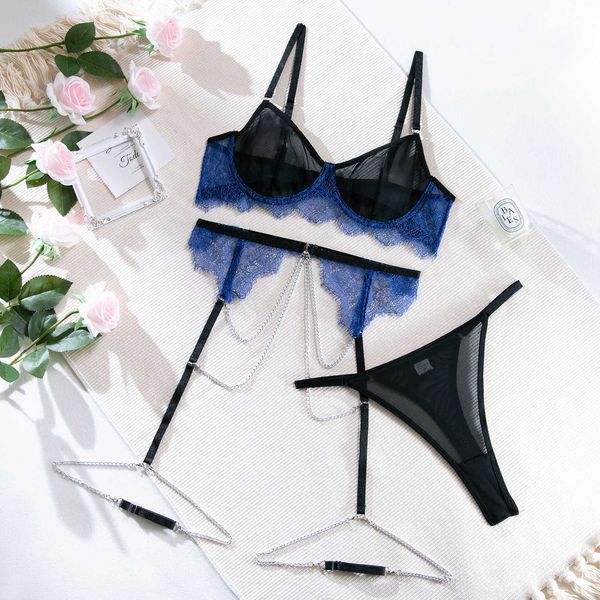 

lace mesh stitching against color gather perspective chain 3-piece transparent bra and panty set women underwear 230717, Red;black