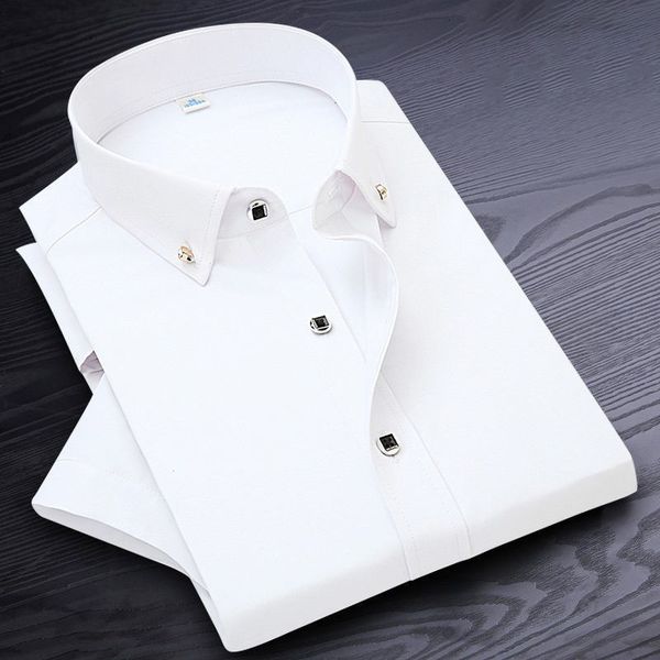 

men's casual shirts non-ironing men dress shirt short sleeve solid male clothing fit business shirts white blue navy black red 230721, White;black