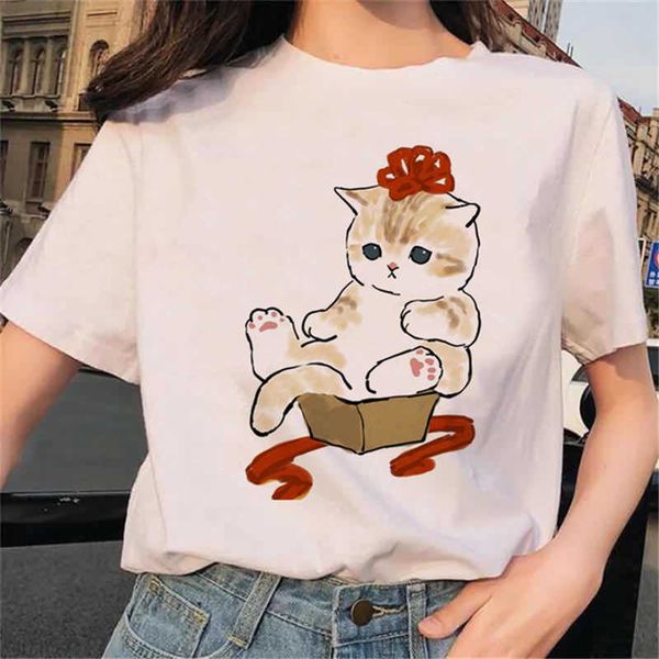 

summer new t-shirt short sleeve women's mother's day collection puk cartoon cat print short sleeve, White