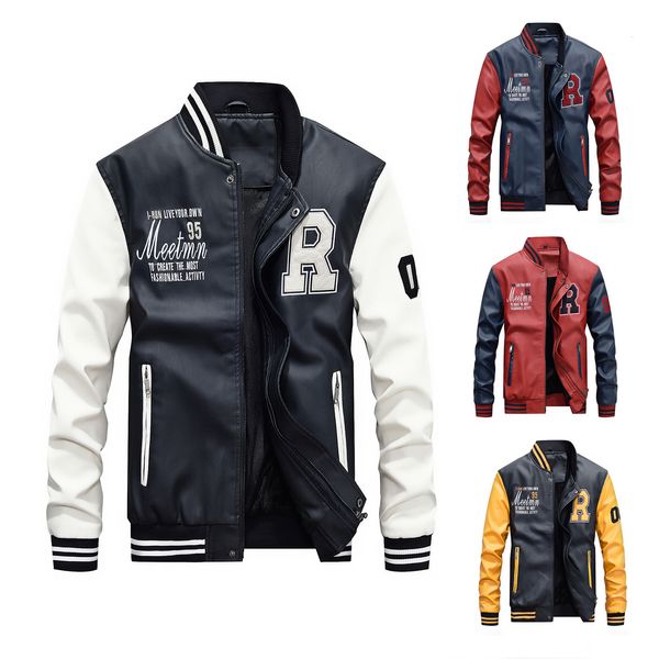 

men's jackets men embroidery baseball jackets pu leather coats motorcycle slim fit college fleece pilot leather jackets 230720, Black;brown