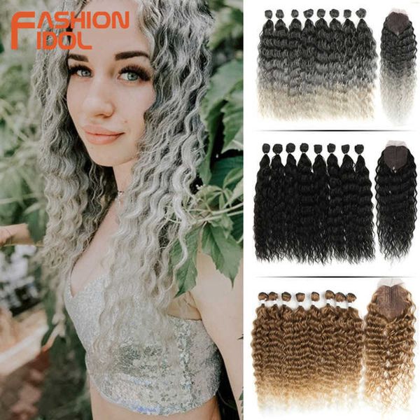 

synthetic wigs water wave fake hair bundles with closure 20inch weave synthetic ombre silver grey curly fiber 230227, Black