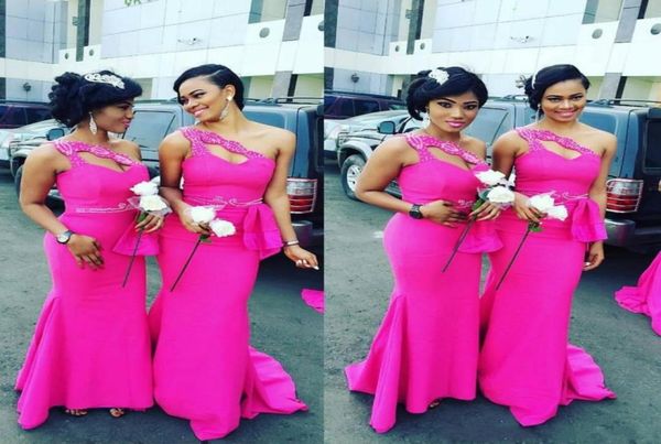 

gorgeous one shoulder fushia african long bridesmaid dresses 2016 satin beaded ruffles mermaid maid of honor gowns for wedding cus4686934, White;pink