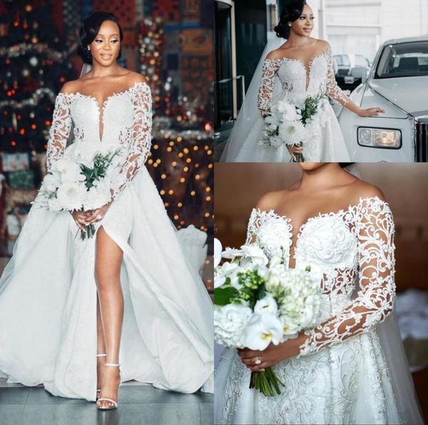 

2023 luxury african mermaid wedding dress bridal gowns with detachable train off the shoulder long sleeves lace appliqued crystal 2755457, White