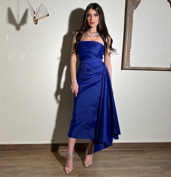 

classy short royal blue taffeta evening dresses with peplum sheath strapless pleats tea length zipper back prom dresses for women, Black;red