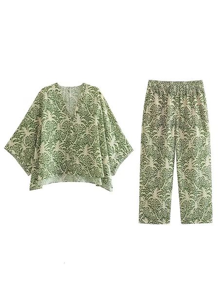 

womens two piece pants traf summer womens fashion print suit vneck widesleeved floral shirt midwaist wideleg pants retro casual 230720, White