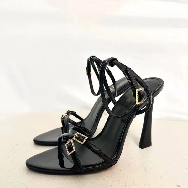 

metallic buckle decoration sandal stiletto heels slippers heeled shoes women's sandal leather outsole party queen evening dress shoes w, Black