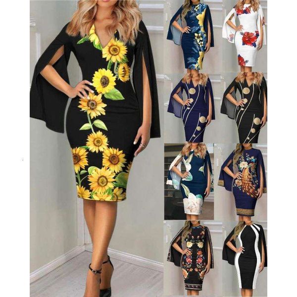 

summer v neck temperament fashion print dress womens wear, Black;gray