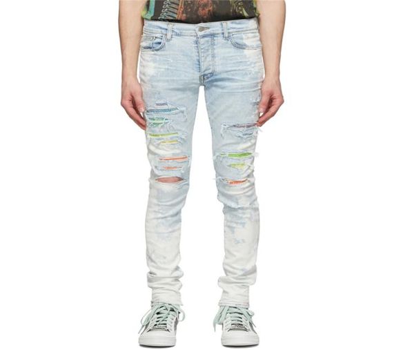 

high street spring and summer blue rainbow rhine splash ink destroy slim fit elastic hole jeans hq221944820