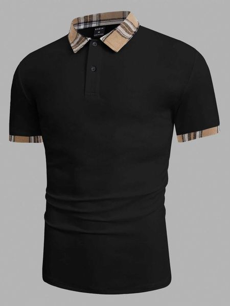 

men's fashion en plaid collar polo shirt, White;black