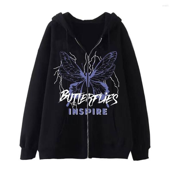 

men's hoodies butterfly print y2k zipper pocket hooded women sweatshirts hip hop streetwear jacket casual, Black