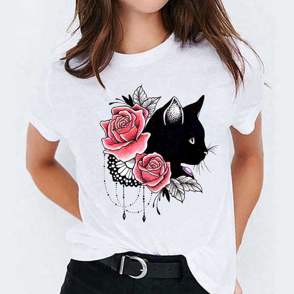 

cat flamingo round neck printed t-shirt short sleeve women's selling/, White