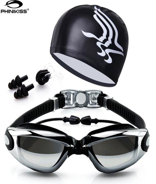 

swim goggles with hat and ear plug nose clip suit waterproof swim glasses antifog professional sport swim eyewear suit5356762