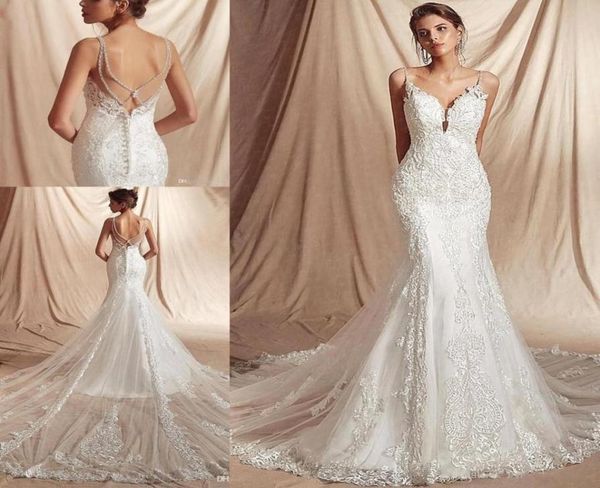 

lace mermaid beach wedding dresses spaghetti straps applique beaded sweep train boho wedding dress bridal gowns robes de mari9300077, White