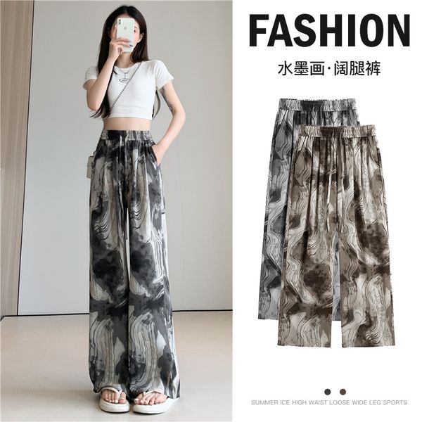 

Ice Silk Wide Leg Trousers Flower Trousers Women's Summer Thin Ink Painting Tie Dyed High Waist Dropping Feel Casual Floor Dragging Trousers, Apricot