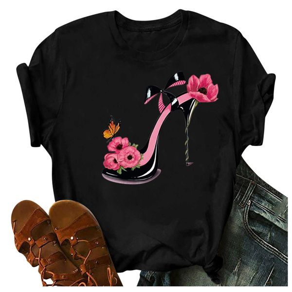 

new high heels flower bow pattern women's short sleeve t-shirt top, White