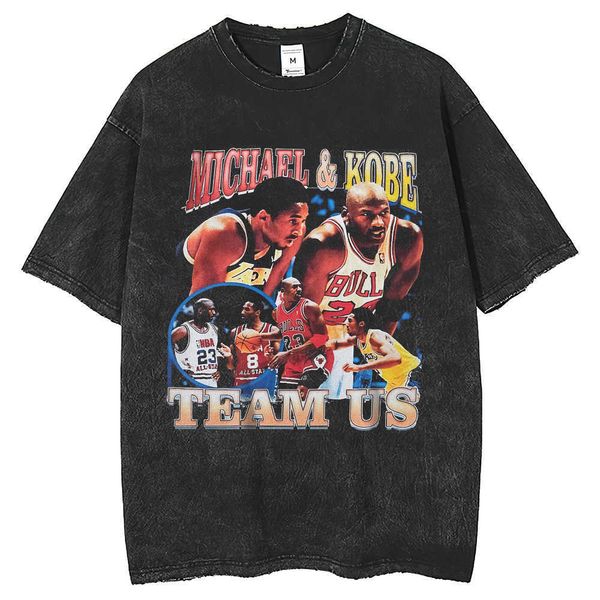 

basketball star print street fashion brand t-shirt 250g washed and worn short sleeve t-shirt oversized t-shirt, White;black